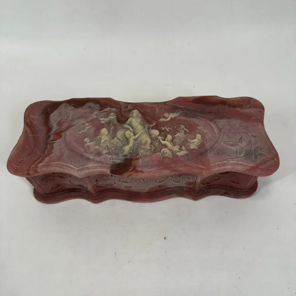 Vintage Genuine Pink Incolay Stone Handcrafted  Venus at Repose Jewelry Box